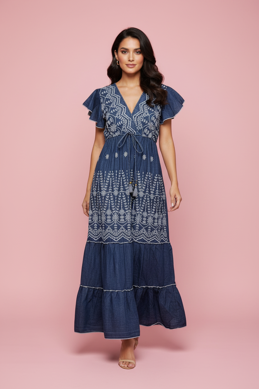 Abito Alisha – Abito Lungo in Denim con Ricami
