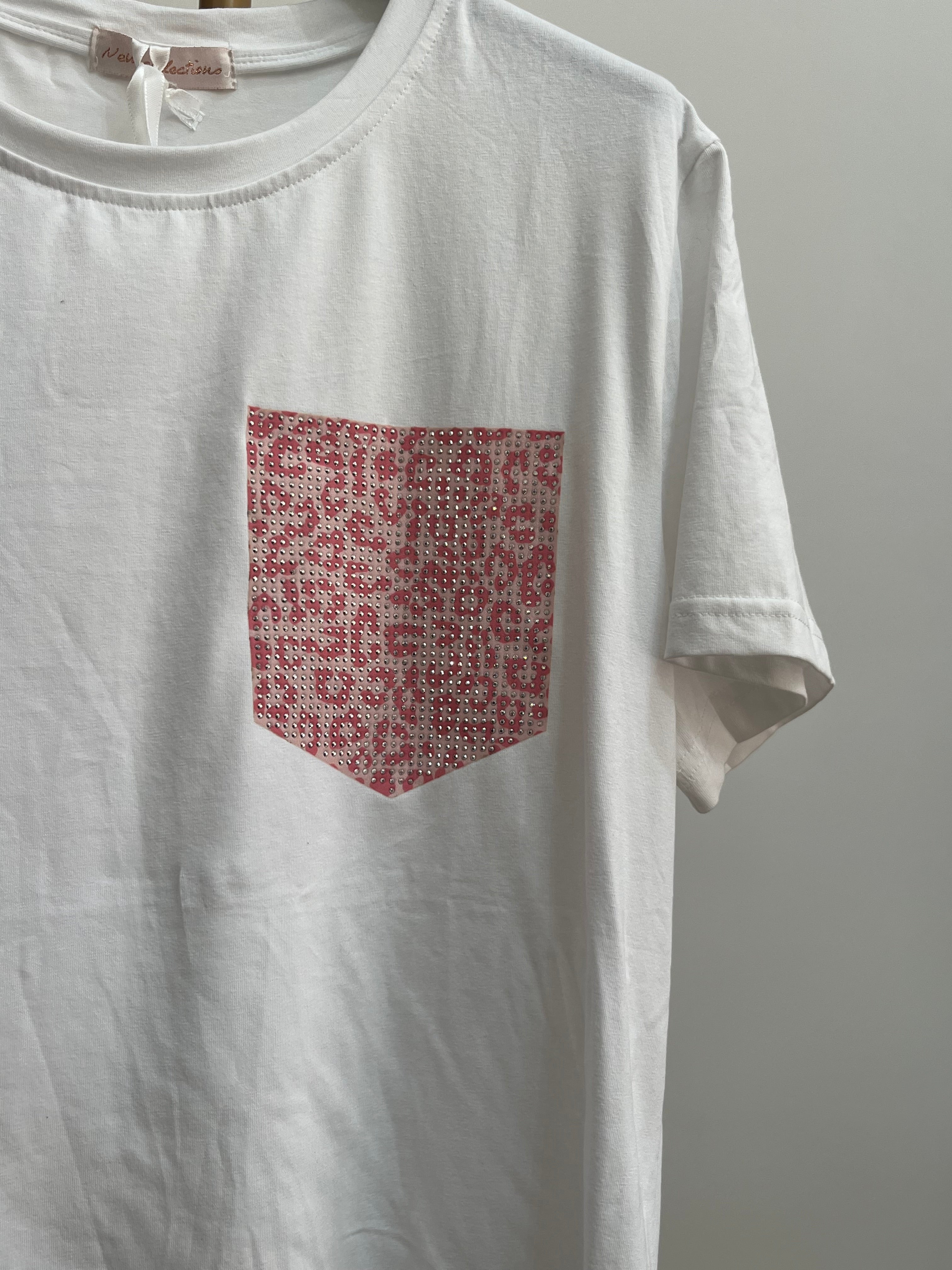 Maglia Tina – Cotone con Tasca Finta e Appliqué Strass