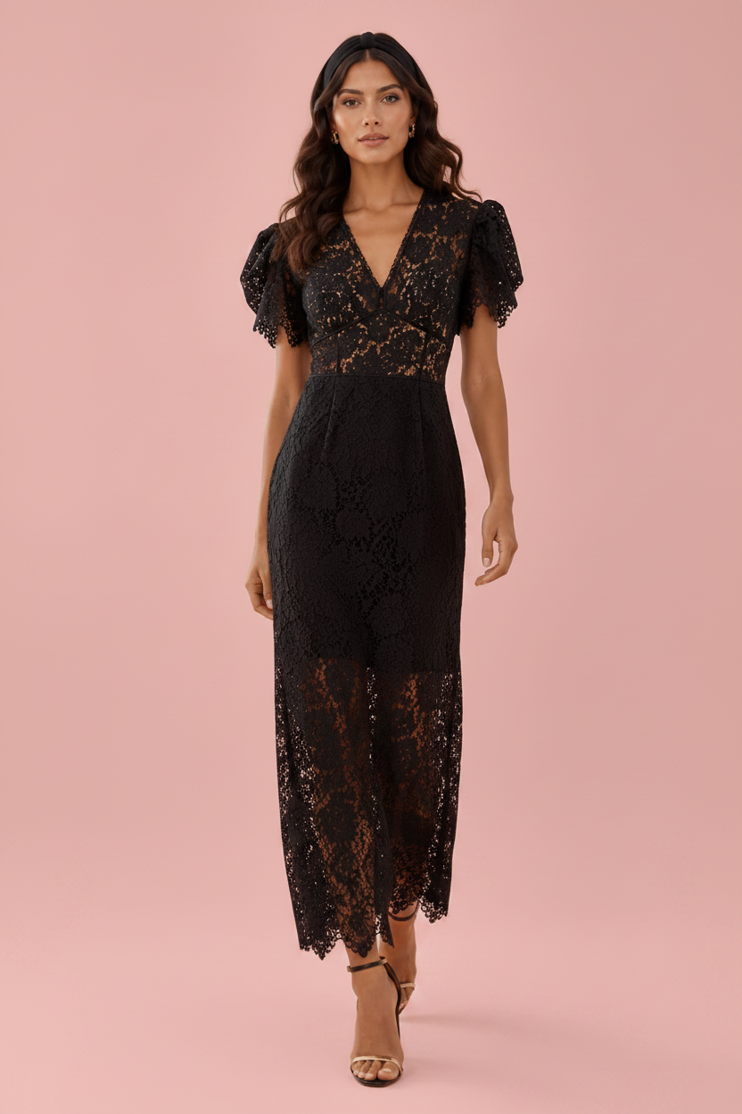 Vestito Pina - Abito Midi in Pizzo Nero con Scollo a V e Maniche Volant